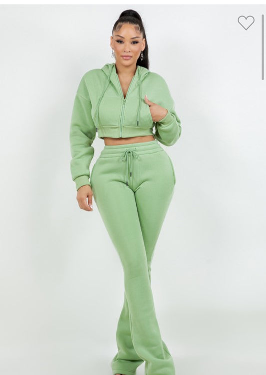 Green 2 piece fleece hoodie set